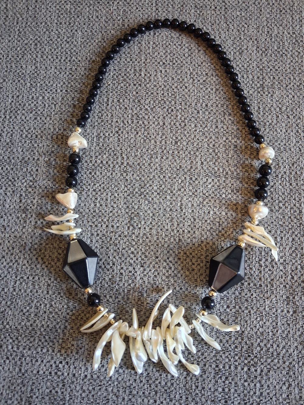 Elegant Vintage Black Bead and White Mother-of-Pearl Statement Necklace